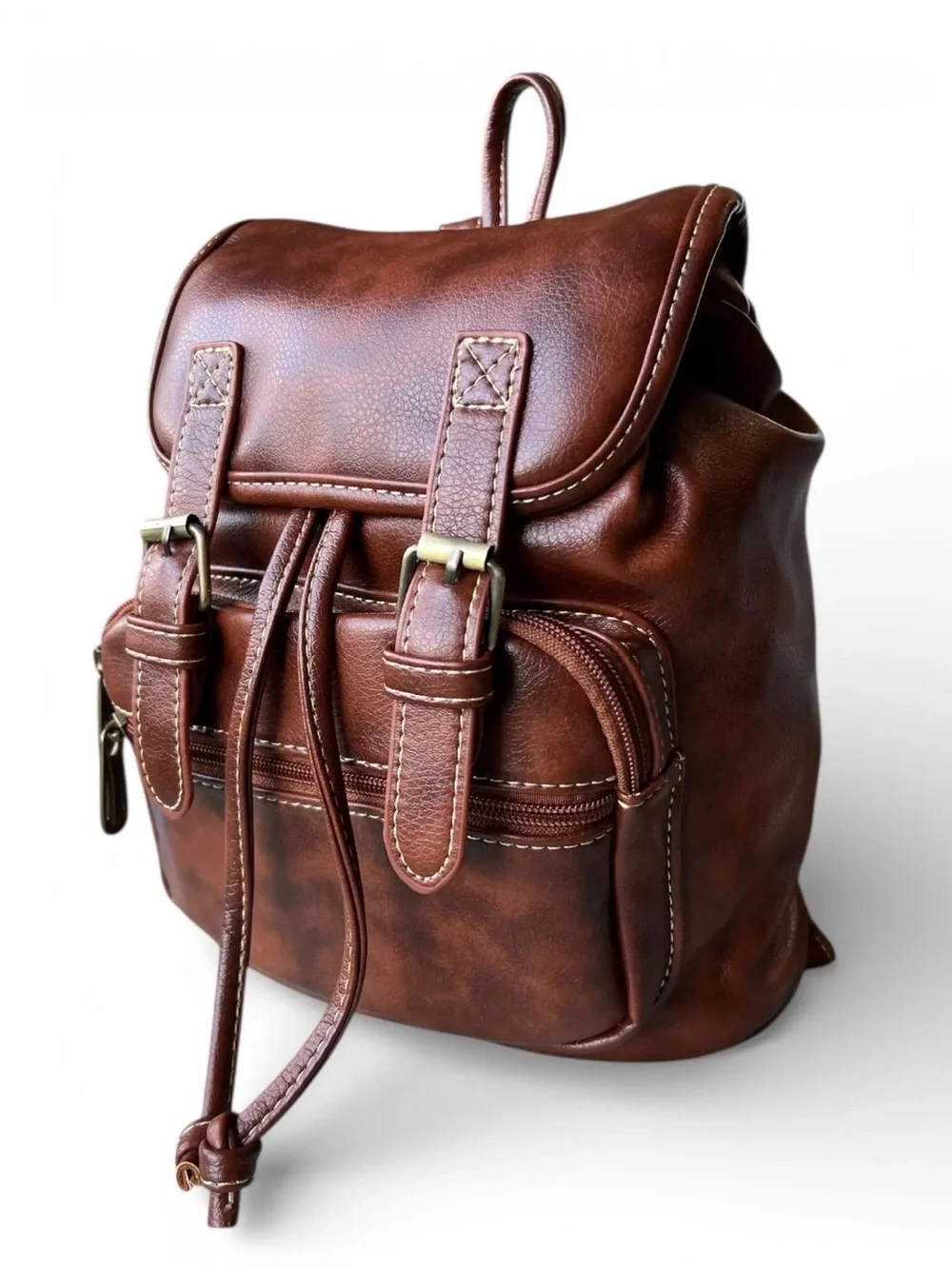 Women's Brown Faux Leather Drawstring Backpack with Buckle Accents